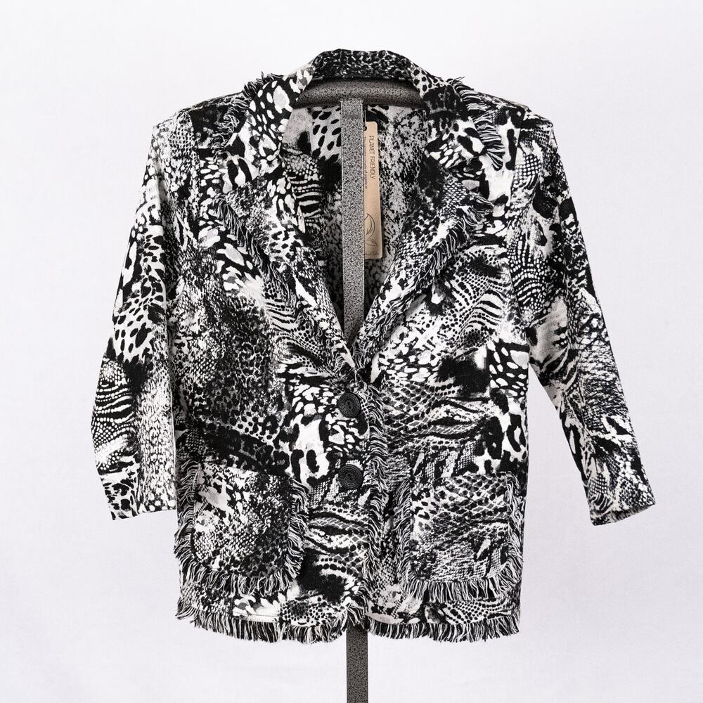 Michael Tyler Canada Women's Black White Fringed Jacket Size SMALL Artsy Organic